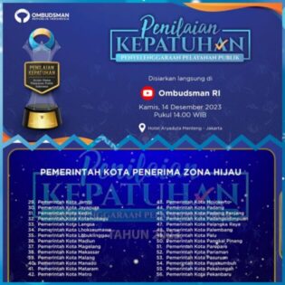 Kota Metro Raih Nilai Tertinggi Kepatuhan Penyelenggaran Pelayanan Publik se-Provinsi Lampung