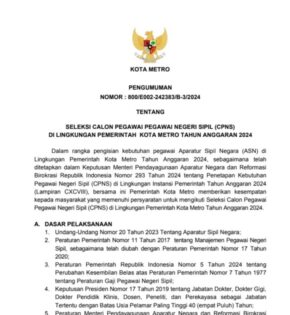 Pengumuman Seleksi Calon Pegawai Negeri Sipil di Lingkungan Pemerintah Kota Metro Tahun Anggaran 2024