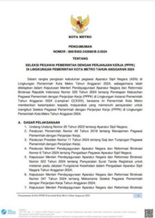 Pengumuman tentang Seleksi Pegawai Pemerintah Dengan Perjanjian Kerja (PPPK) di Lingkungan Pemerintah Kota Metro Tahun Anggaran 2024