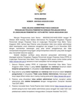 Pengumuman Hasil Seleksi Administrasi Pasca Sanggah PPPK Pemerintah Kota Metro