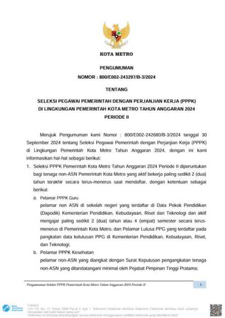 Pengumuman Tentang Seleksi Pegawai Pemerintah dengan Perjanjian Kerja (PPPK) di Lingkungan Pemerintah Kota Metro Tahun Anggaran 2024 Periode II