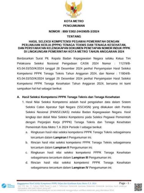 Pengumuman Tentang Hasil Seleksi Kompetensi Pegawai Pemerintah Dengan Perjanjian Kerja (PPPK) Tenaga Teknis Dan Tenaga Kesehatan, dan Persyaratan Kelengkapan Dokumen Penetapan Nomor Induk PPPK di Lingkungan Pemerintah Kota Metro Tahun Anggaran 2024