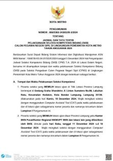 Pengumuman Tentang Jadwal dan Tata Tertib Pelaksanaan Seleksi Kompetensi Bidang (SKB) Calon Pegawai Negeri Sipil di Lingkungan Pemerintah Kota Metro Tahun Anggaran 2024
