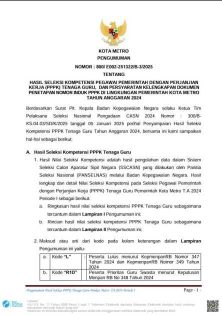Pengumuman Seleksi Kompetensi PPPK Tenaga Guru Pemerintah Kota Metro Tahun Anggaran 2024 Periode I