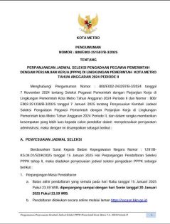 Pengumuman Tentang Perpanjangan Jadwal Seleksi Pengadaan Pegawai Pemerintah dengan Perjanjian Kerja (PPPK) di Lingkungan Pemerintah Kota Metro Tahun Anggaran 2024 Periode II