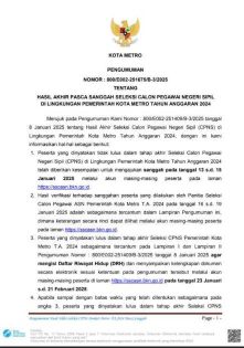 Pengumuman Tentang Hasil Akhir Pasca Sanggah Seleksi Calon Pegawai Negeri Sipil (CPNS) di Lingkungan Pemerintah Kota Metro Tahun Anggaran 2024