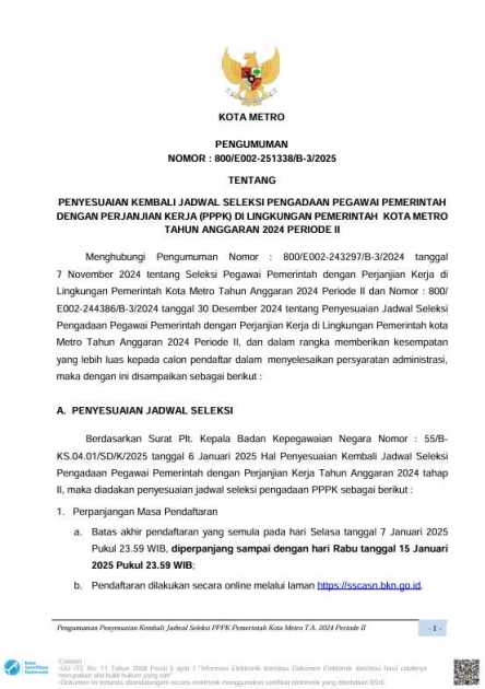 Pengumuman Penyesuaian Kembali Jadwal Seleksi Pengadaan Pegawai Pemerintah dengan Perjanjian Kerja (PPPK) di Lingkungan Pemerintah Kota Metro Tahun Anggaran 2024 Periode II