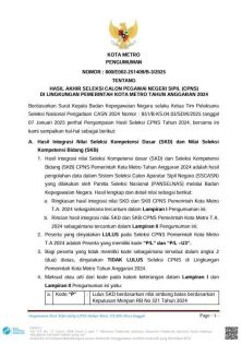 Pengumuman Tentang Hasil Akhir Seleksi Calon Pegawai Negeri Sipil (CPNS) di Lingkungan Pemerintah Kota Metro Tahun Anggaran 2024