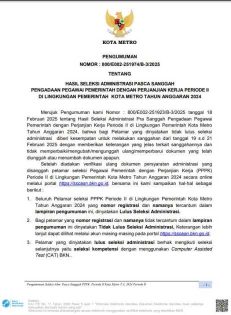 Pengumuman Tentang Hasil Seleksi Administrasi Pasca Sanggah Pengadaan Pegawai Pemerintah dengan Perjanjian Kerja Periode II di Lingkungan Pemerintah Kota Metro Tahun Anggaran 2024