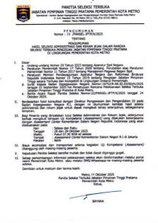 Pengumuman Hasil Seleksi Administrasi dan Rekam Jejak dalam Rangka Seleksi Terbuka Pengisian Jabatan Pimpinan Tinggi Pratama di Lingkungan Pemerintah Kota Metro Tahun 2025
