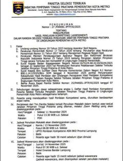Pengumuman Hasil Penilaian Kompetensi (Asessment) dalam rangka Selter JPTP Kota Metro Tahun 2025