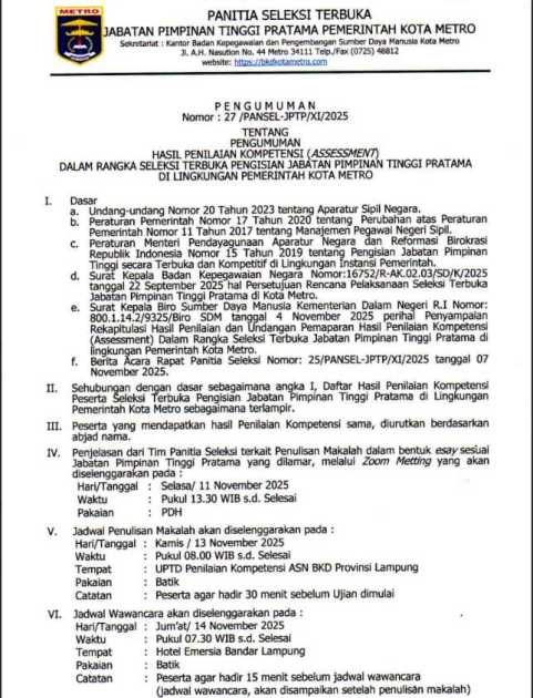 Pengumuman Hasil Penilaian Kompetensi (Asessment) dalam rangka Selter JPTP Kota Metro Tahun 2025