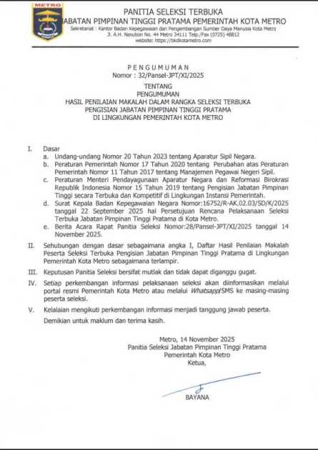 Pengumuman Hasil Penilaian Makalah dan Wawancara dalam Rangka Seleksi Terbukа Pengisian Jabatan Pimpinan Tinggi Pratamа di Lingkungan Pemerintah Kota Metro