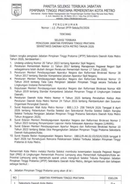 Pengumuman Tentang Seleksi Terbuka Pengisian Jabatan Pimpinan Tinggi Pratama Sekretaris Daerah Kota Metro Tahun 2026