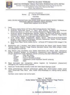 Pengumuman Hasil Seleksi Administrasi dan Rekam Jejak Dalam Rangka Seleksi Terbuka Pengisian Jabatan Pimpinan Tinggi Pratama Sekretaris Daerah Kota Metro Tahun 2026