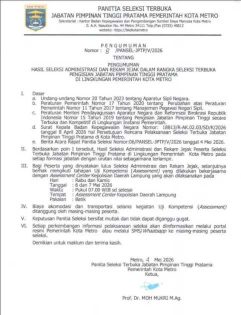 Pengumuman Hasil Seleksi Administrasi dan Rekam Jejak Dalam Rangka Seleksi Terbuka Pengisian Jabatan Pimpinan Tinggi Pratama di Lingkungan Pemerintah Kota Metro Tahun 2026