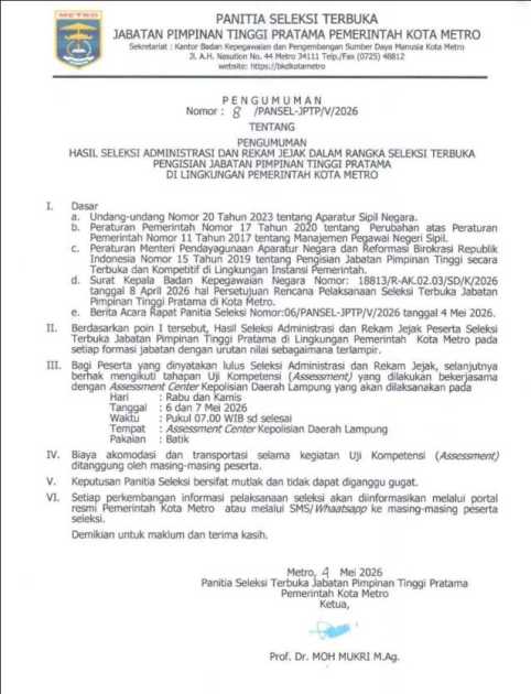 Pengumuman Hasil Seleksi Administrasi dan Rekam Jejak Dalam Rangka Seleksi Terbuka Pengisian Jabatan Pimpinan Tinggi Pratama di Lingkungan Pemerintah Kota Metro Tahun 2026