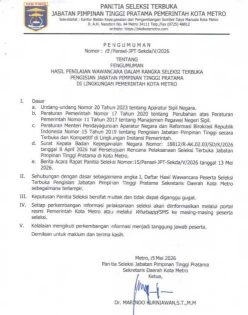 Pengumuman Hasil Penilaian Makalah dan Wawancara dalam Rangka Seleksi Terbuka Pengisian Jabatan Pimpinan Tinggi Pratama Sekretaris Daerah Kota Metro Tahun 2026